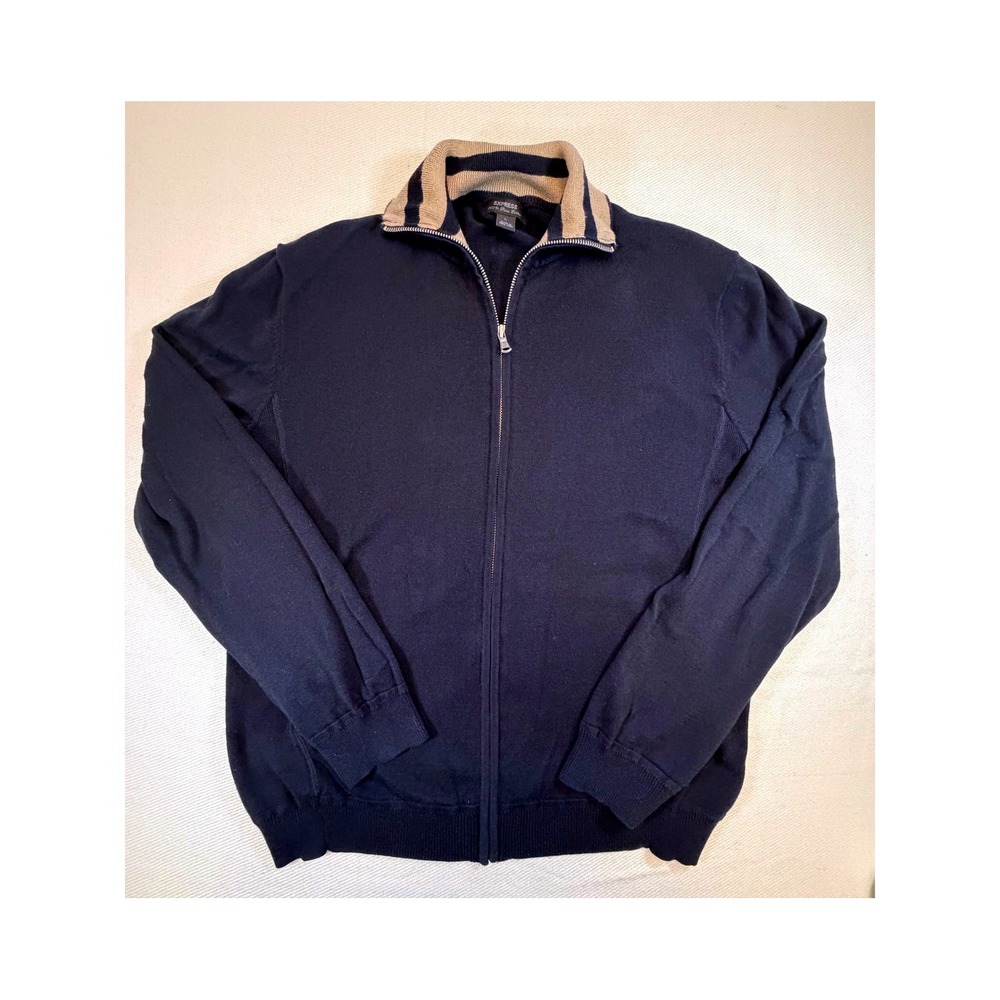 Express Mens Black 100% Pima Cotton Full Zip Mock Neck Sweater Large